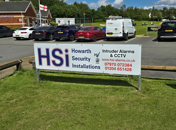 hsi alarms sponsorship board at westhoughton cricket club
